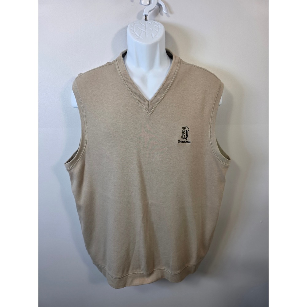 Ashworth TPC Scottsdale Golf Vest Mens Large Tan Peruvian Cotton V-Neck Sweater